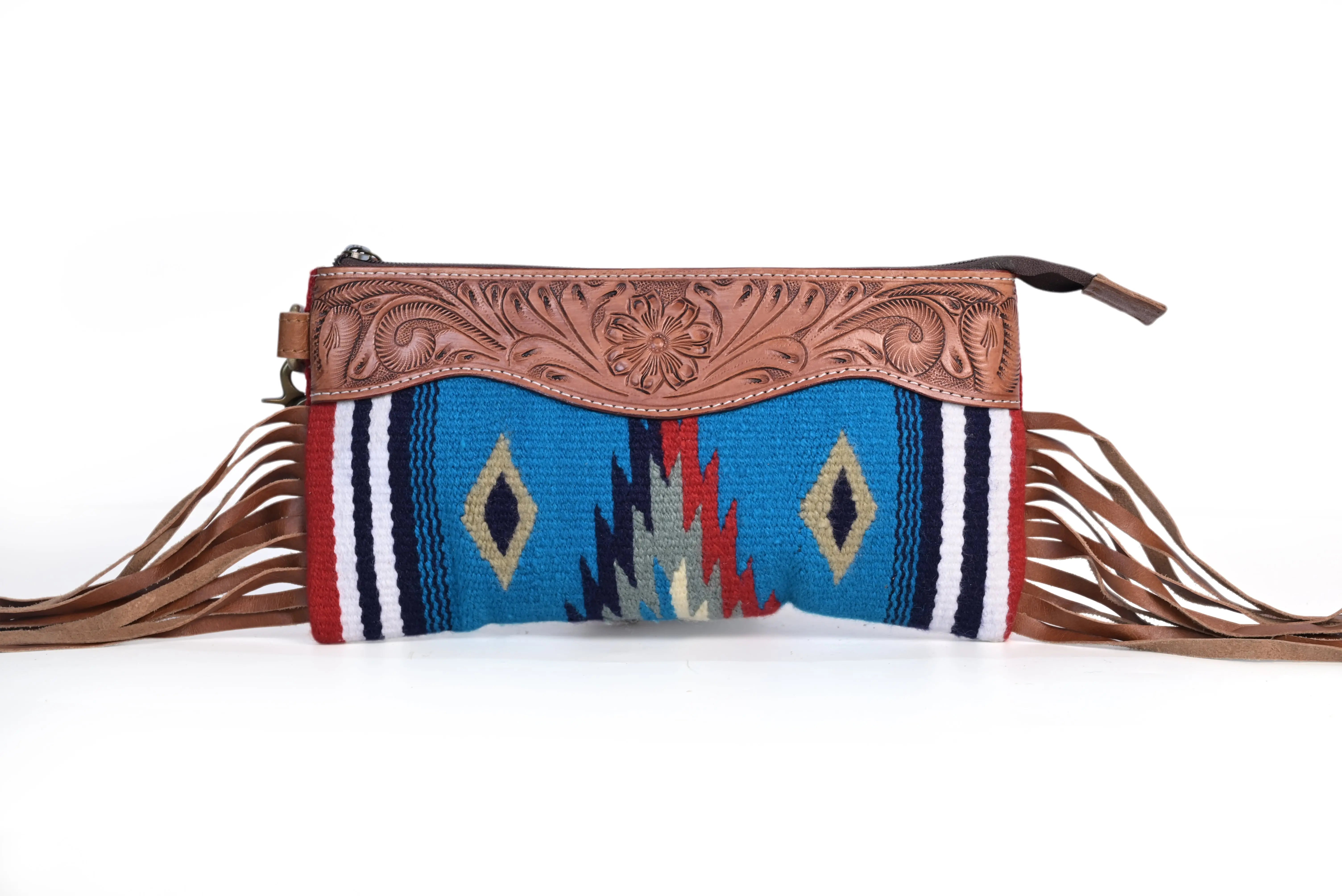 Western Saddle Blanket Hand Tooled Genuine Leather Clutch Wrist Bag - abitoamerica